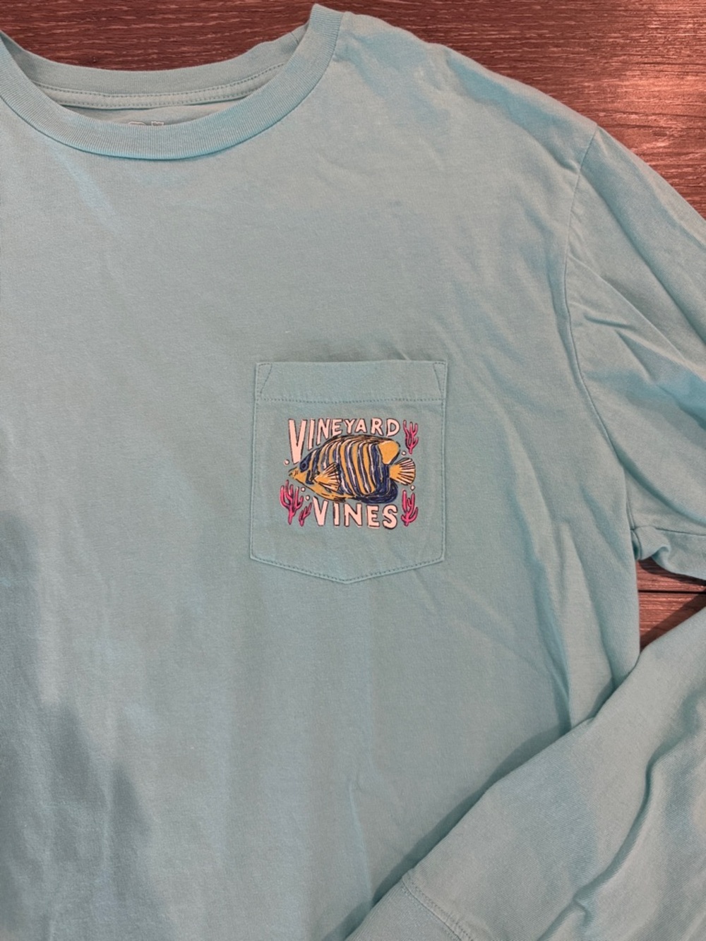 Vineyard Vines Light Aqua Long Sleeve Pocket Tee with Fish Graphic